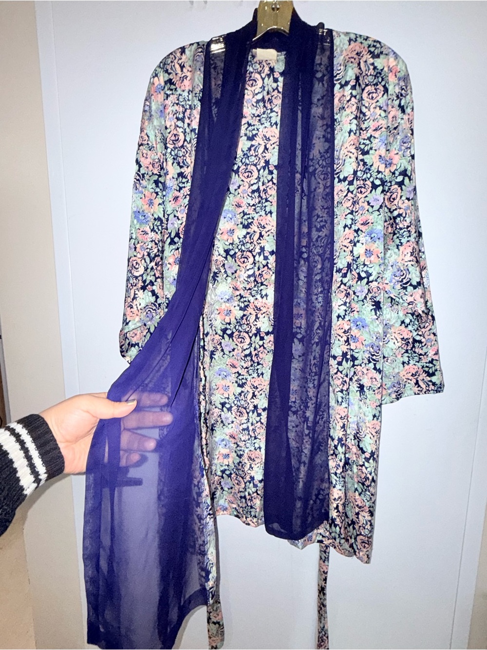 Floral Satin Tie-Waist Robe with Navy Sheer Trim - Women's Intimates